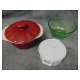 Ceramic Lidded Casserole & Green Pyrex Bowl