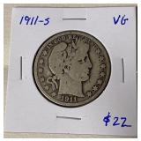 1911-S Barber Half Dollar VG