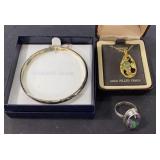 Sterling Bangle Bracelet, Jade Pendent Necklace, a