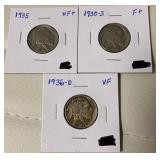 1930-S, 1935, and 1936D Buffalo Nickels