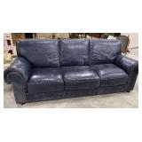 Large Blue Leather Three Cushion Sofa