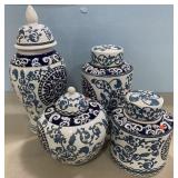 Four Piece Blue and White Oriental Pottery