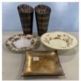 Porcelain Plates, Square Dish, and Metal Holders