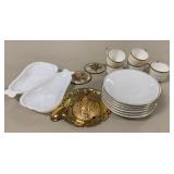 Milk Glass Pear Dishes, Brass Items, and China Cup