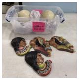 Two Ostrich Eggs and Four Peru Pottery Faces