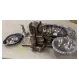 Silver Plate Platters, Candle Sticks, Ashtray, Boo