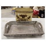 Decorative Metal Buckets and Painted Distressed Tr