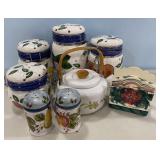 Group of Ceramic Canisters, Pot, and Gail Pittman