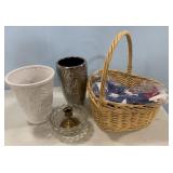 Pottery Vase, Glass Bowl and Woven Basket