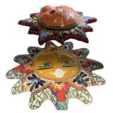 Pair of Mexico Talavera pottery sun face wall hang