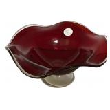 Mid century modern ruby red glass pedestal bowl 9"
