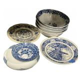 Blue and White Pottery Bowls and Plate