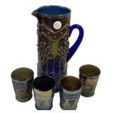 Fenton Blue Carnival Glass Lattice and Grape Pitch