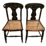 Pair Antique Ebonized Painted Gilt Bergere Cane Se