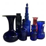 Assorted Blue Glass Vases and Bottles