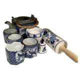 Blue and White Ceramic Roll Pin, Pitcher, and Cups