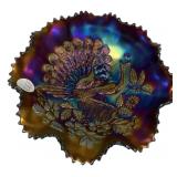 Northwood Peacocks Carnival Art Glass Ruffled Bowl