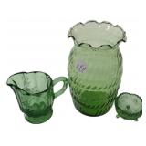 Anchor Hocking green glass vase and creamer