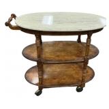 Vintage oval marble top wood bar cart 33"h,. 38"