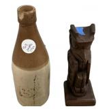 Carved Tribal Bird and Stoneware Bottle