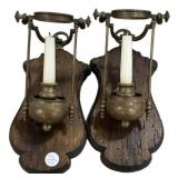 Pair of Brass and Rustic Wood Candle Wall Sconces