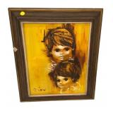 Signed Painting of Faces on Canvas Framed 26"h.,