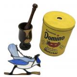 Glass Robin, Wood Goblet, and Domino Tin