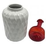 Crackle Red Glass Vase and White Glass Vase 11"