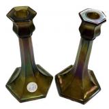 Pair of Northwood Carnival 657 Russet Candlesticks