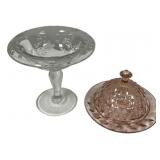 Etched Glass Compote and Jeannette Glass Cheese Do
