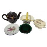 Pottery Teapot, Basket, Plates, and Tureen