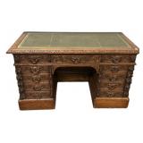 1880 English Oak Green Men Carved Kneehole Desk 30