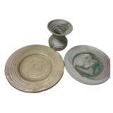 Signed Pottery Stoneware Vase and Plates