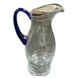 Blue Handled Glass Pitcher 12"