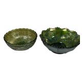 6"  Green Carnival glass bowls featuring an embos