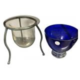 Glass Candle Stand and Blue Glass Vase
