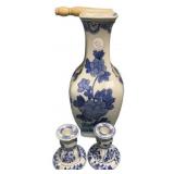 Blue and White Flower Vase 14"h and Candle Holder
