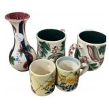 Gail Pittman Vase 6 1/2"h and Four Mugs