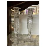 Pair of Etched Crystal Candle Holders 10"