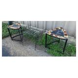 Wrought Iron Bench, Two Triangle Side Tables