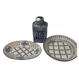 Blue and White Ceramic Bowls and Ginger Jar 8"h