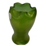 Loetz Iridescent Green Glass Vase Ruffle 7 1/2"