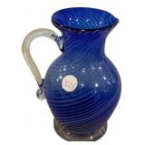 Blue Swirl Vase Art Glass Pitcher 8 1/2"