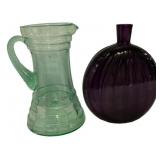 Green Glass Pitcher & Purple Bud Vase