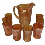 Carnival Glass Pitcher & 7 Tumblers Set