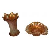 Marigold Carnival Glass Vase & Bowl