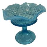 Blue Opalescent Glass Pedestal Compote