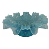 Blue Opalescent Ruffled Glass Bowl