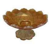 Marigold Carnival Glass Pedestal Bowl