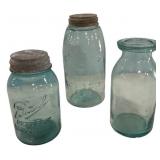 Antique Blue Glass Mason Jars Lot of 3